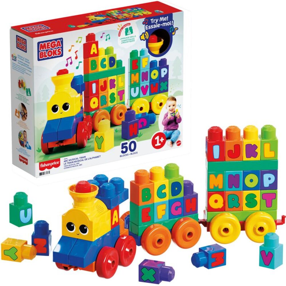 MEGA BLOKS First Builders ABC Musical Train, 50 Piece Toddler Building Toy &